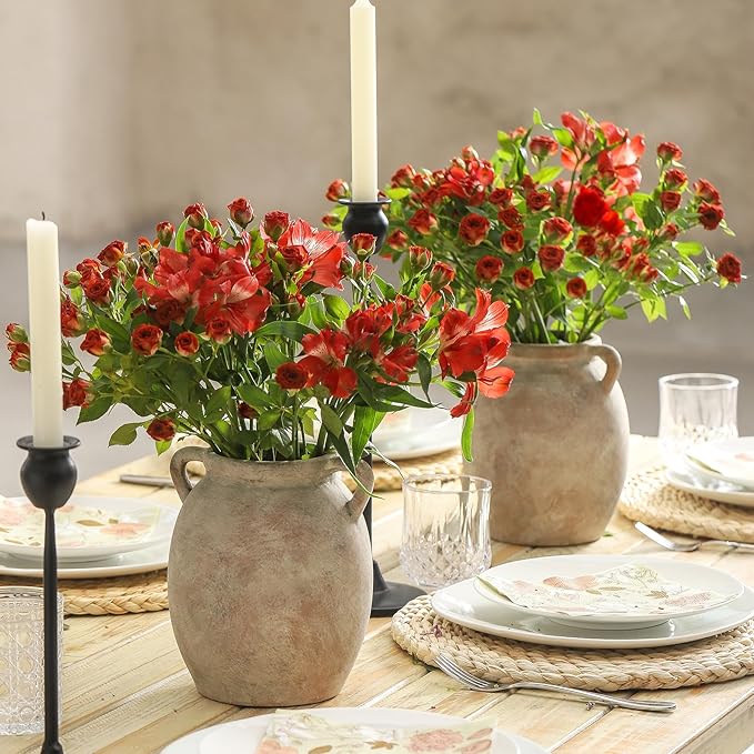 Ceramic Flower Vase 7.6 inch Farmhouse Rustic Vase Decorative Pottery Terracotta Vases for Home Decor Table Mantle Fireplace Living Room Bathroom Wedding Centerpiece (Whitewashed)-VerdiqueGarden