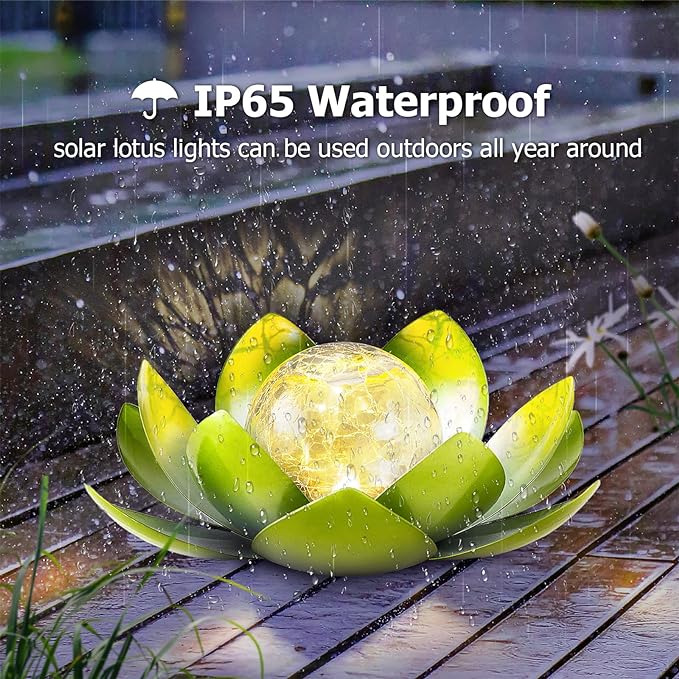 Huaxu Solar Lights Outdoor Garden Decoration Crackle Globe Glass Waterproof LED Metal Green Lotus Flowers Gift for Mom,Women,Patio,Lawn,Walkway,Tabletop,Ground-VerdiqueGarden
