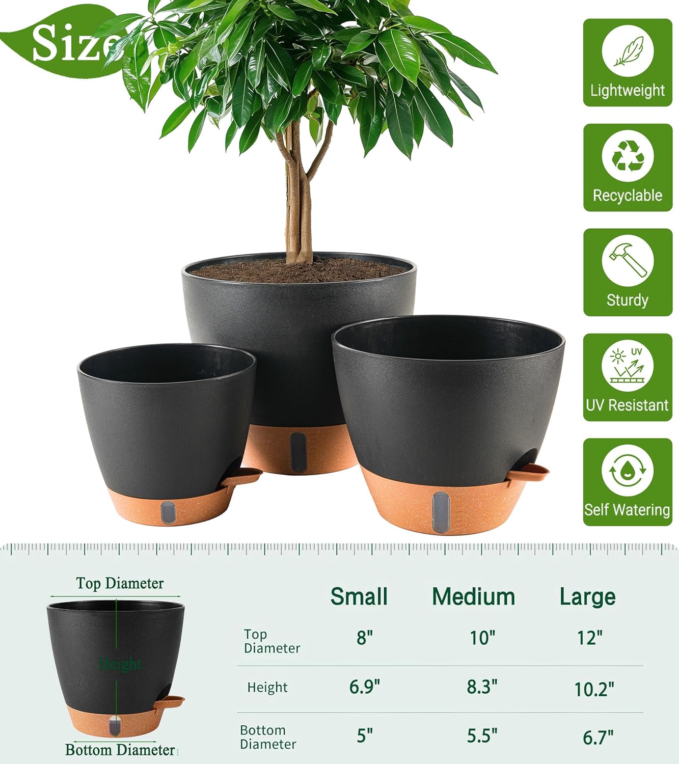 8/10/12 Inch Self Watering Pots for Indoor/Outdoor Plants - Large Plastic Planter with Drainage Holes, Water Level Indicator & Deep Reservoir, Modern Decorative Flower Pots (Black)-VerdiqueGarden