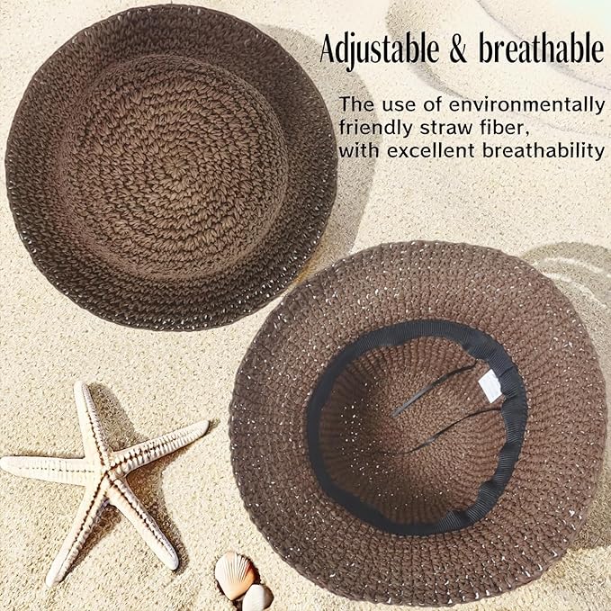 Womens Straw Beach Sun Hats, Foldable Packable Floppy Handmade Crochet Hats for Women,Large Summer Vacation Wide Brim Hat-VerdiqueGarden