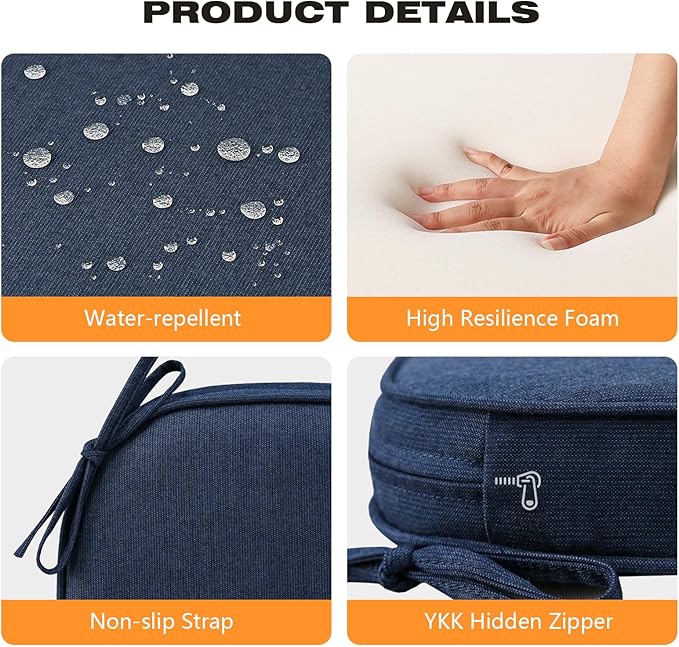 Sunbrella Round Corner Seat Cushions, 17" x 16" x 2", Set of 4, Indoor Outdoor Water Repellent Universal Chair Pads with Ties for Patio Furniture, Garden Dining Chairs, Specrtum Indigo-VerdiqueGarden