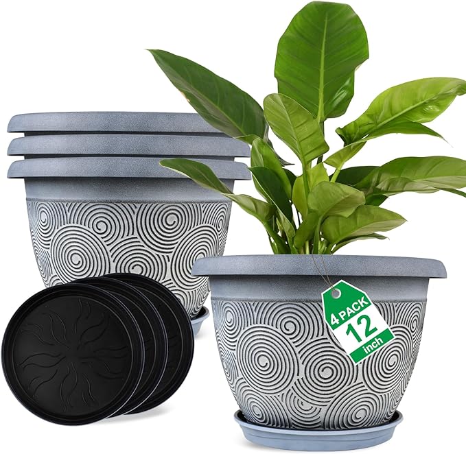 12 Inch Large Planter Pot for Plants Indoor Outdoor, 4 Pack Plastic Flower Pots with Drainage Hole & Tray, Modern Decorative Garden Pot with Saucer, Plant Container for House-VerdiqueGarden