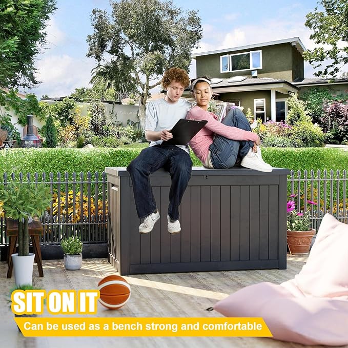 XXL 230 Gallon Large Resin Deck Box, Lockable Outdoor Storage Box for Patio Cushions Storage Furniture,Garden Tools, Pool Supplies, Weatherproof and UV Resistant- Black (230 Gallon)-VerdiqueGarden