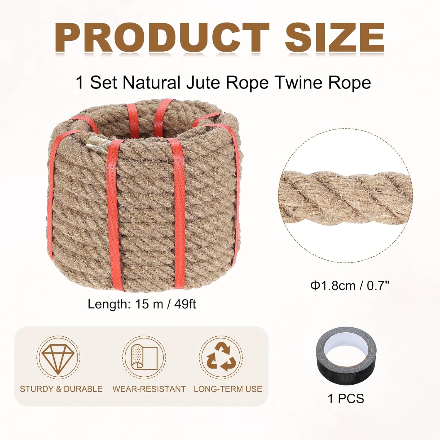 MECCANIXITY Jute Rope 0.7 Inch x 49ft, Thick Twine Rope Ropes Braided Jute Twine Natural Brown Burlap Cord String Heavy Twisted with Tape for Decorative Crafts Railing Swing Tug of War-VerdiqueGarden