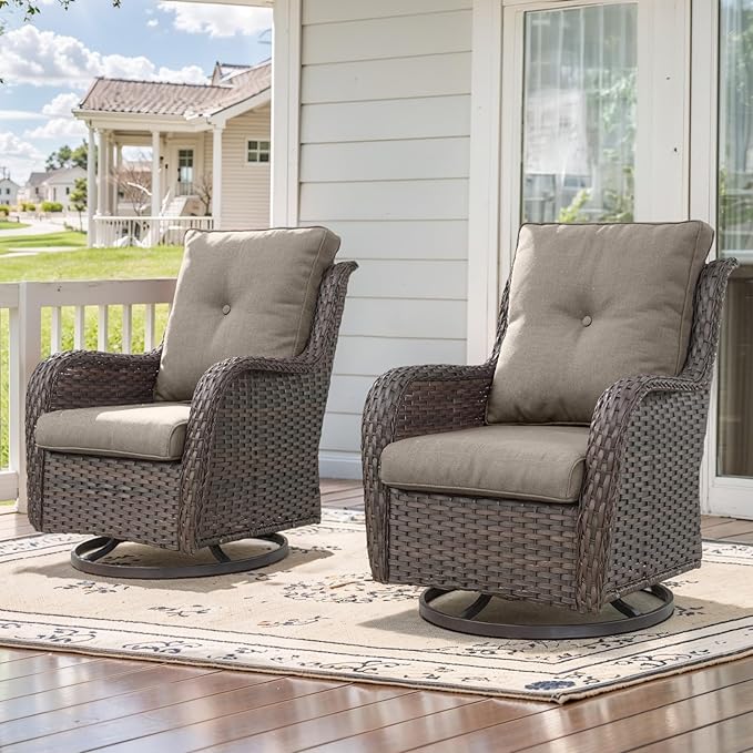 Outdoor Swivel Rcoker Patio Chairs - Outdoor Swivel Patio Chairs Set of 2 Wicker Chair Patio Furniture Sets with Covered Cushion for Porch Deck Balcony Garden, Gray-VerdiqueGarden