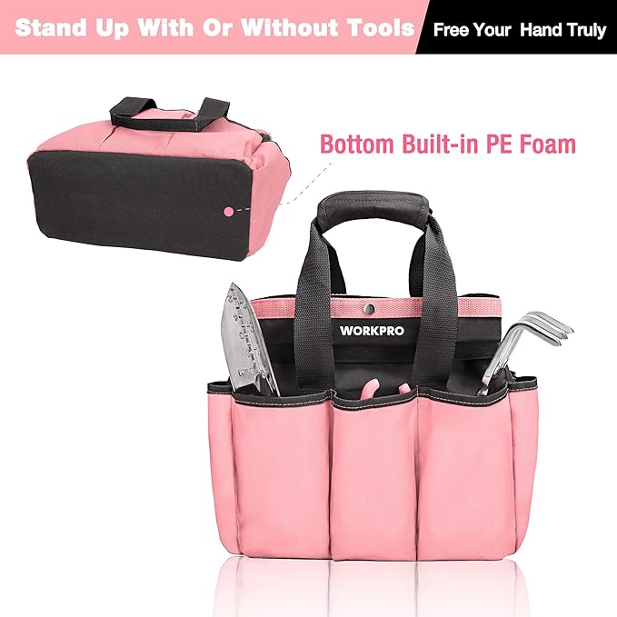 WORKPRO Garden Bag, Garden Tool Tote Storage Bag with 8 Pockets, Home Organizer for Outdoor Gardening Caddy, Garden Tool Kit Holder (Tools NOT Included), Pink Ribbon, Garden Gifts-VerdiqueGarden