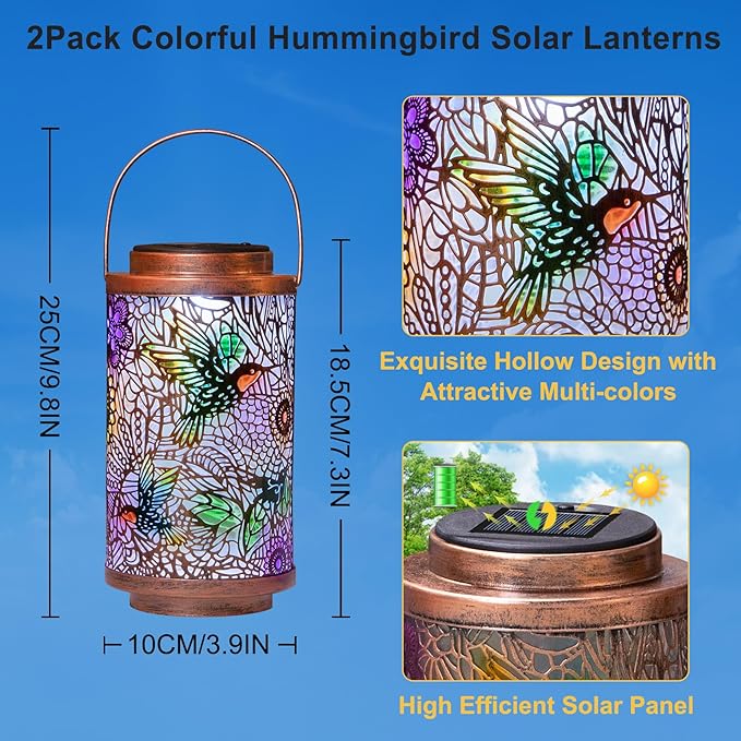2Pack Solar Lanterns Outdoor Waterproof Hummingbird Gardening Gifts for Women, Multicolor Solar Lights Patio Lantern for Backyard Garden Decor, Porch, Outside, Mothers' Day Gifts for Mom Grandma-VerdiqueGarden