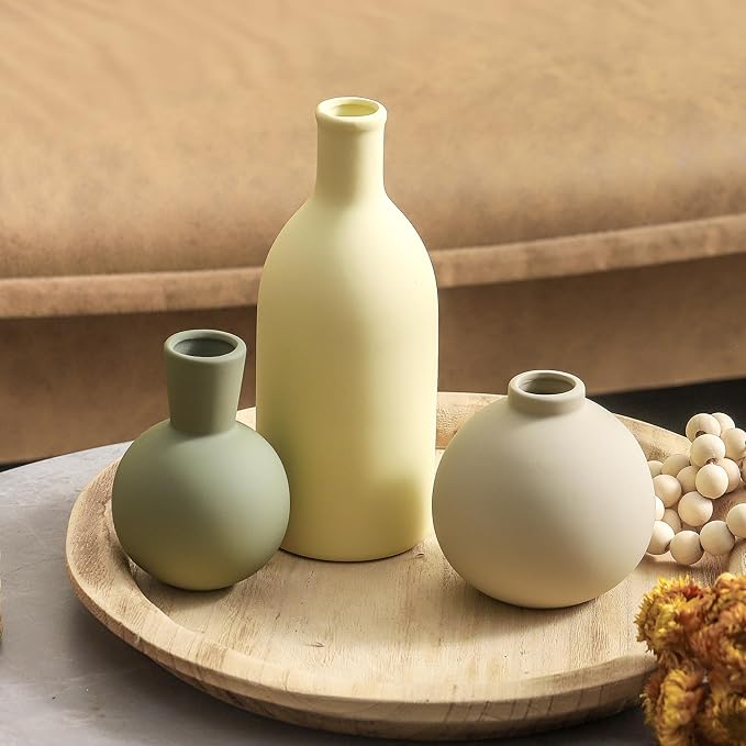 Vase Set of 3, Ceramic Vases Home Decor Flower Decorative Table Decor Vase Pottery Neutral Vases for Tray Table Mantel Living Room Kitchen Bedroom Bathroom Entryway -Light Color-VerdiqueGarden