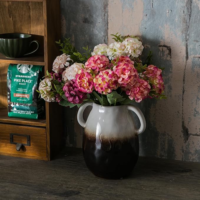 White Gradient Ceramic Vase with 2 Handles, Modern Farmhouse Decor, Rustic Terracotta Pottery, Decorative Flower Vases, Clay Small Vase, Centerpiece for Dining Table - 7 Inch Tall-VerdiqueGarden