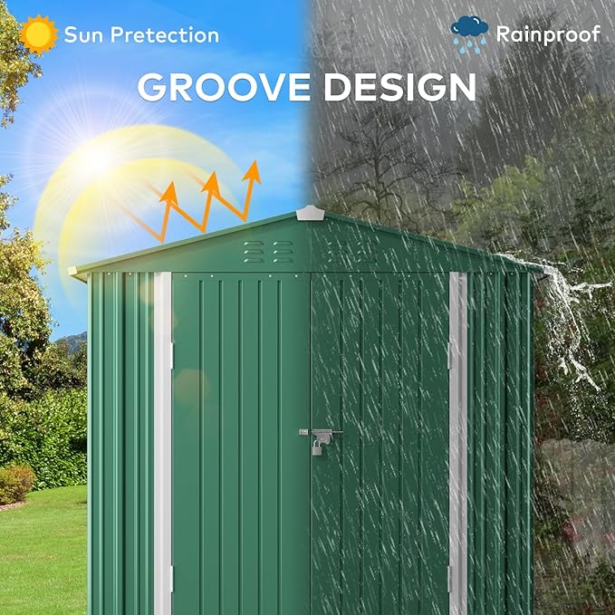 Gizoon Outdoor Storage Shed 6 x 4 FT, Galvanized Metal Garden Shed with Double Lockable Doors, Outdoor Storage Clearance for Backyard Patio Lawn-Green-VerdiqueGarden