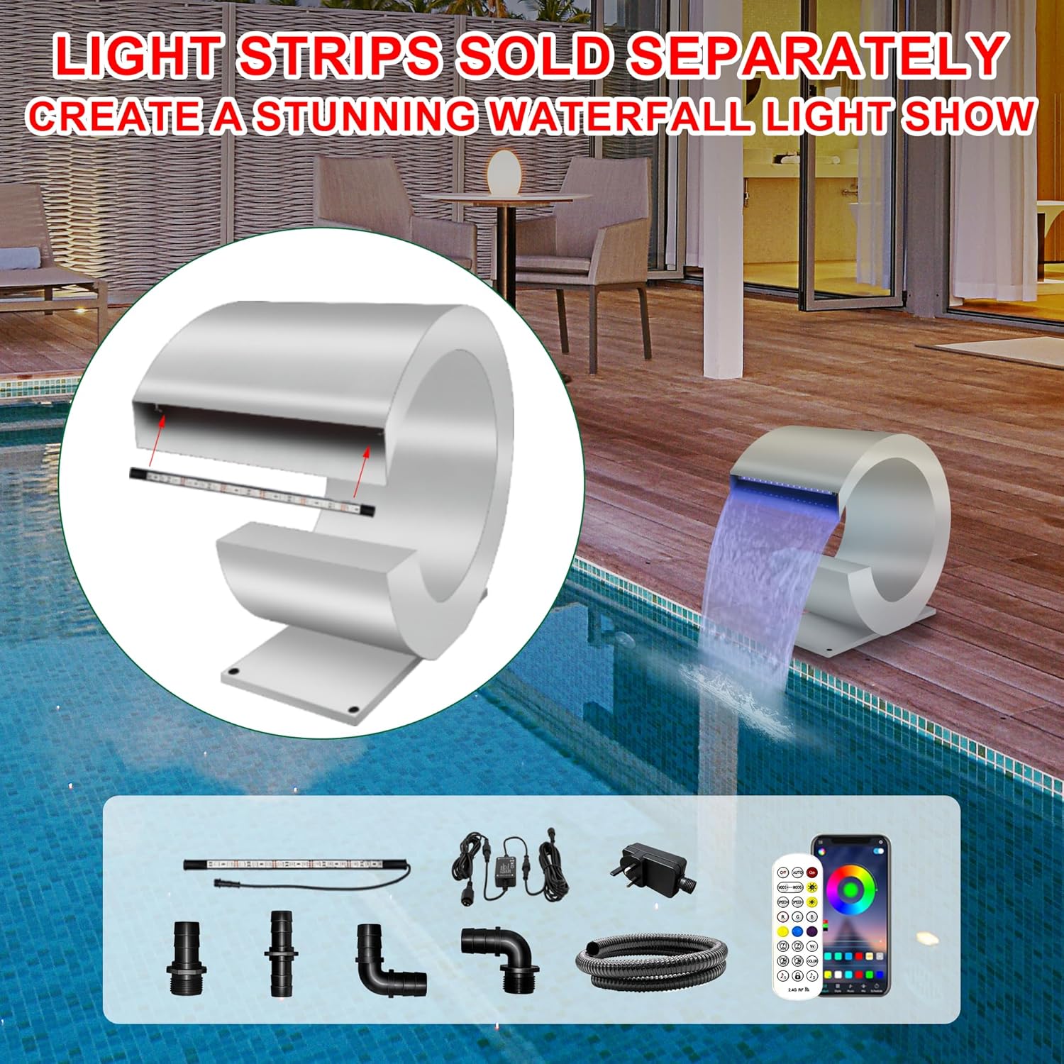 Pool Waterfall Fountain Stainless Steel Fountain 15.16'' x 15.16'' x 11.42'' Silver Pool Fountains for Ground Pools Garden Outdoor Waterfalls Sheer Descent Pond Water Feature-VerdiqueGarden