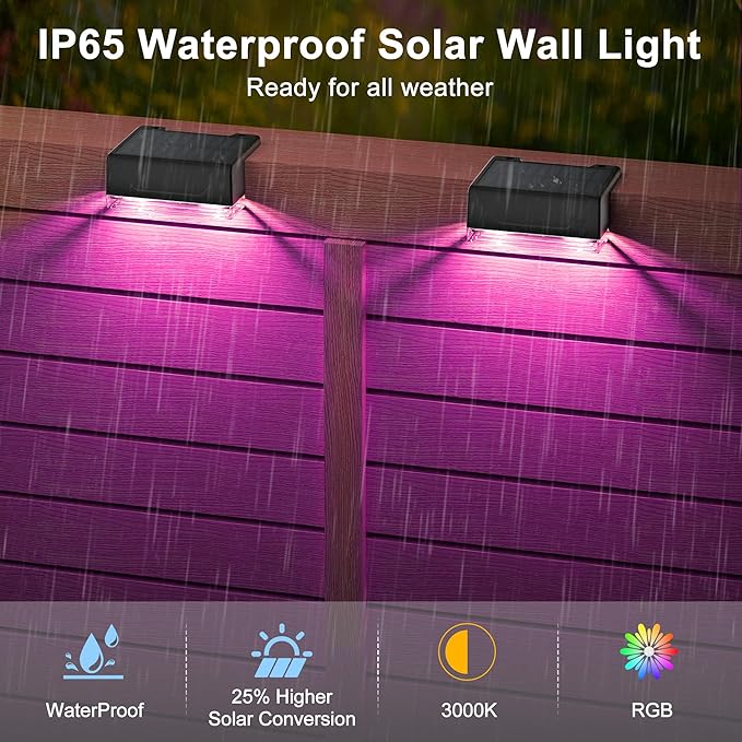 Ellasay Solar Fence Lights Outdoor: IP65 Waterproof RGB Solar Powered with 8 Lighting Modes - Wall Decor for Garden Deck Patio Backyard Balcony 6 Pack-VerdiqueGarden
