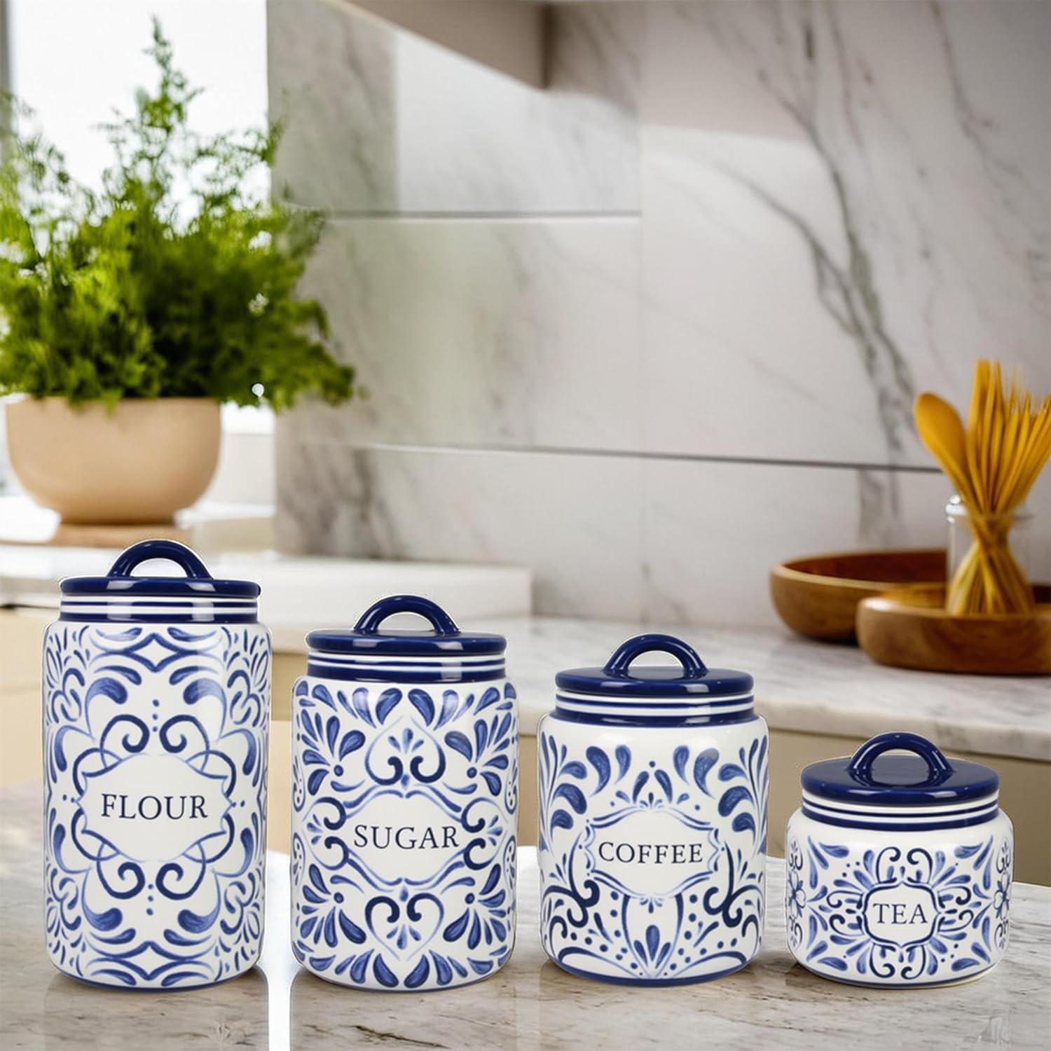 Young's Inc. 4 Pcs Set Talavera Ceramic Canisters- Storage Container for Kitchen and Bathroom - Beautiful Home Decor Accent to Store Food, Coffee, Tea, and More - White, Blue-VerdiqueGarden