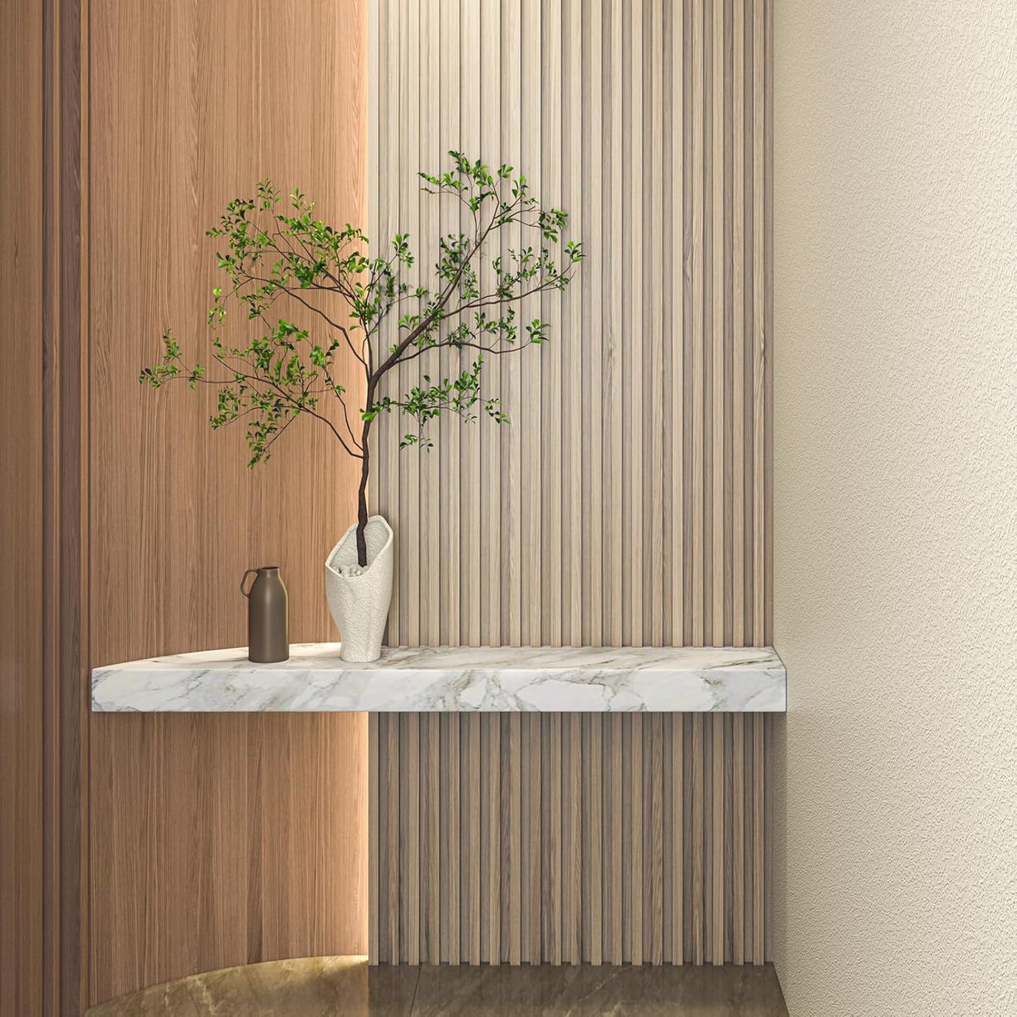 Art3d Slat Wood Wall Paneling for Interior and Ceiling Decoration - Pack of 4pcs + 1pc End-Trim, Size 108 x 5.7in.- Ashtree-VerdiqueGarden