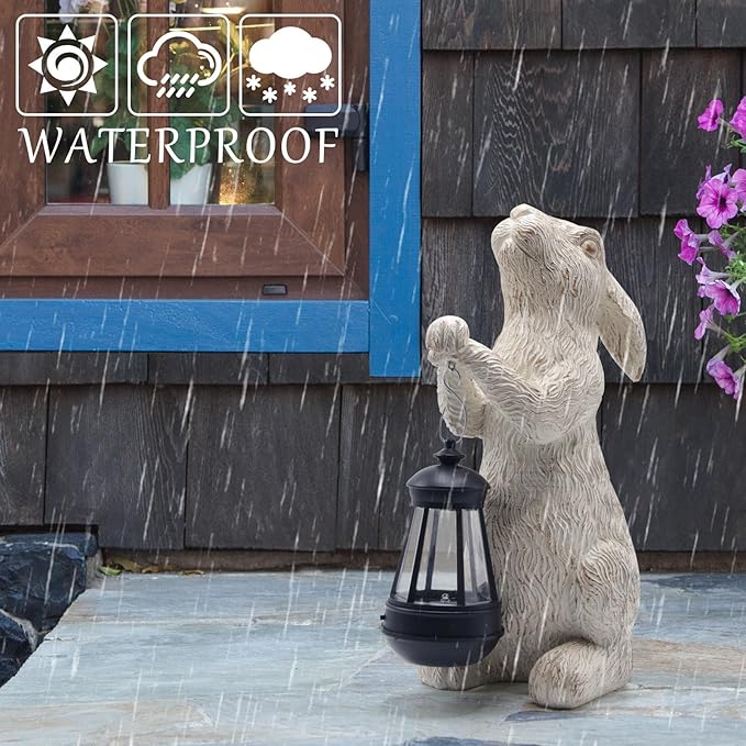 Garden Statues Rabbit with Solar Lights-Bunny Figurine Outdoor Easter Decorations Rabbit Decor for Lawn,Balcony-Yard Art Garden&Patio Decor,Unique Housewarming&Birthday Gifts for Women-VerdiqueGarden