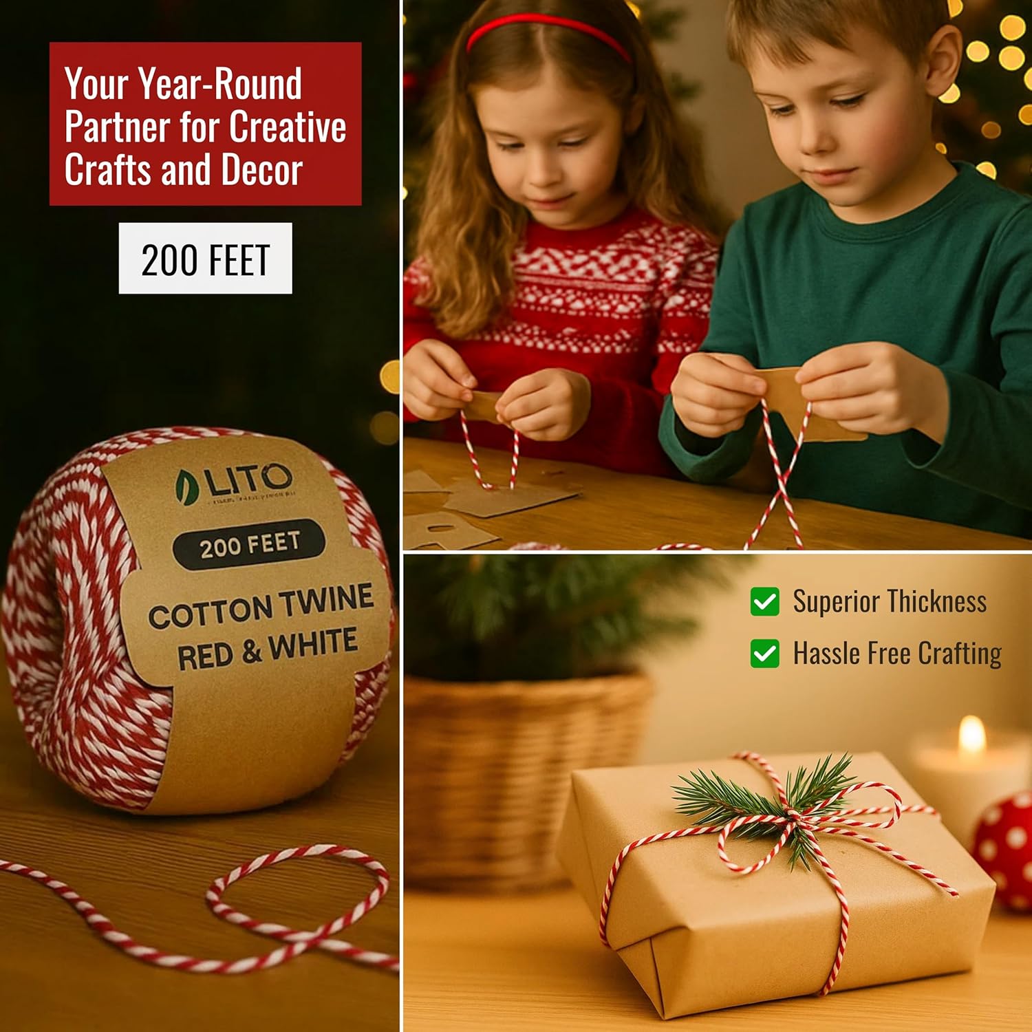 Red and White Organic Twine Cotton String - 200 Feet Wrapping, Baking, Butcher, Crafts, DIY Projects, Easter, Christmas-VerdiqueGarden