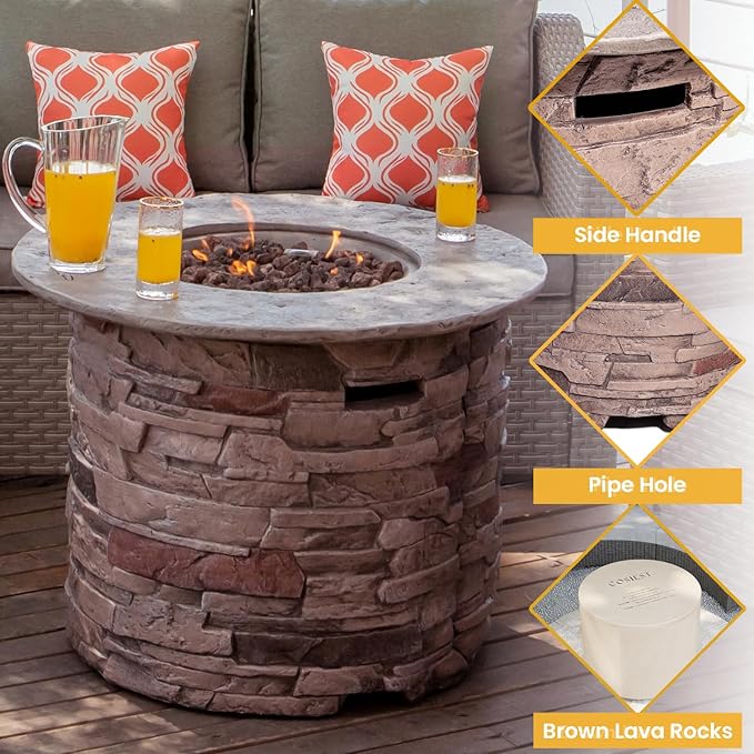 COSIEST Outdoor Propane Concrete Fire Pit Table w Imitation Stone Surface 32-inch Round Fire Table, CSA Certified, 40,000 BTU Stainless Steel Burner, Free Lava Rocks, Fits 20lb Tank Inside-VerdiqueGarden