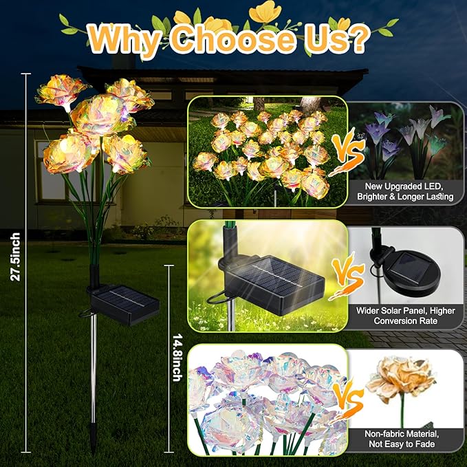 Solar Garden Lights Outdoor, 4 Pack 24-Head Artificial Flowers Solar Lights, IP65 Waterproof Garden Decoration for Yard Patio Path Cemetery Grave, Gifts for Mom Women Bithday Mother's Day-Auto ON/Off-VerdiqueGarden