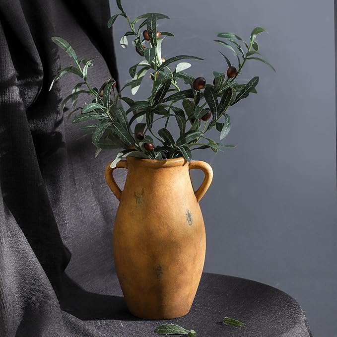 Large Ceramic Flower Vase,11.3 inch Terracotta Vase with 2 Handles, Rustic Farmhouse Vases, Decorative Pottery Flower Vases for Home Decor, Living Room Shelf Decor, Table-VerdiqueGarden