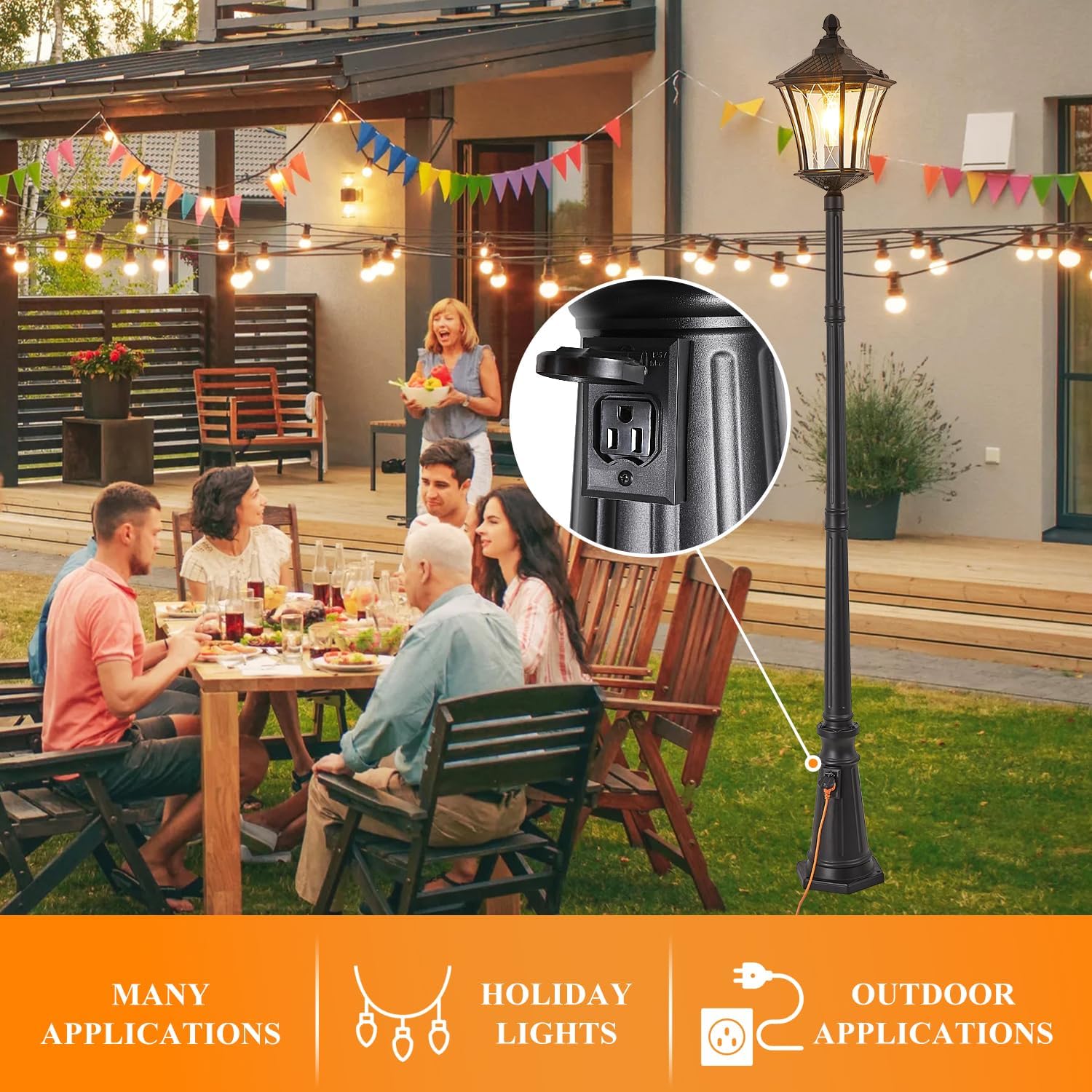 Outdoor Lamp Post Lights with Outlet, Dusk to Dawn Pole Lamp with Patterned Glass, Aluminum Waterproof Outside Street Lights, Hardwired Black Light Pole for Backyard, Garden, Driveway-VerdiqueGarden
