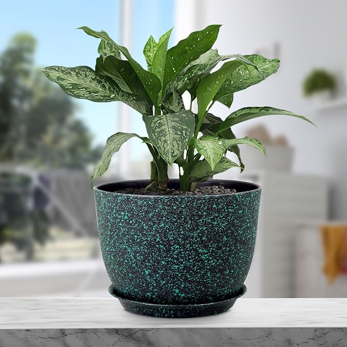 12 inch Large Plant Pots, Plastic Planters with Drainage Holes and Saucers, Flower Pots for Indoor Outdoor Plants, Decorative Pots for Garden House Plants, Black with Green Speckles-VerdiqueGarden