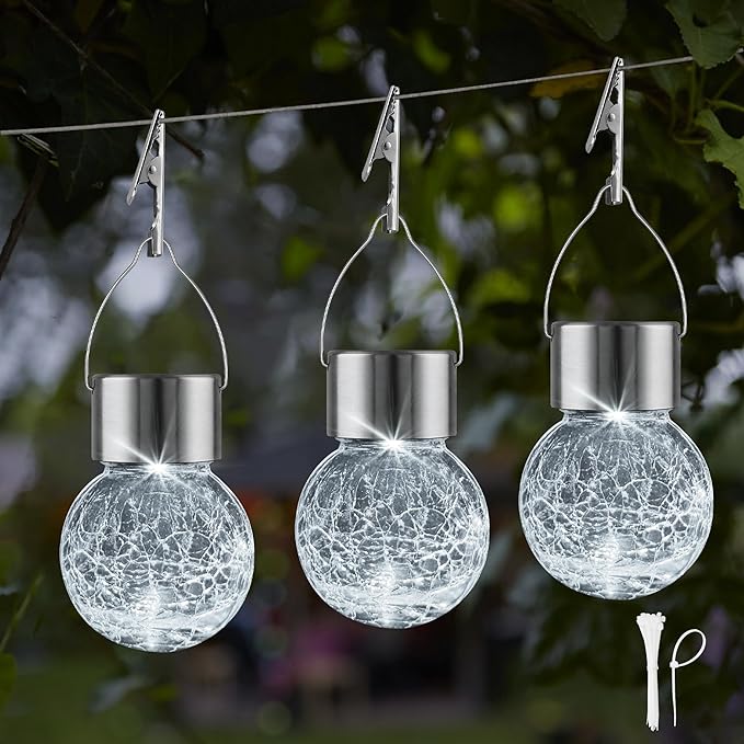 Solar Lights Outdoor Hanging Decorative Globe 24 Pack, Waterproof Solar Lantern with Handle and Clip, Solar Powered Glass Ball Lights for Garden Yard Fence Tree Umbrella Holiday Décor, Cold White-VerdiqueGarden
