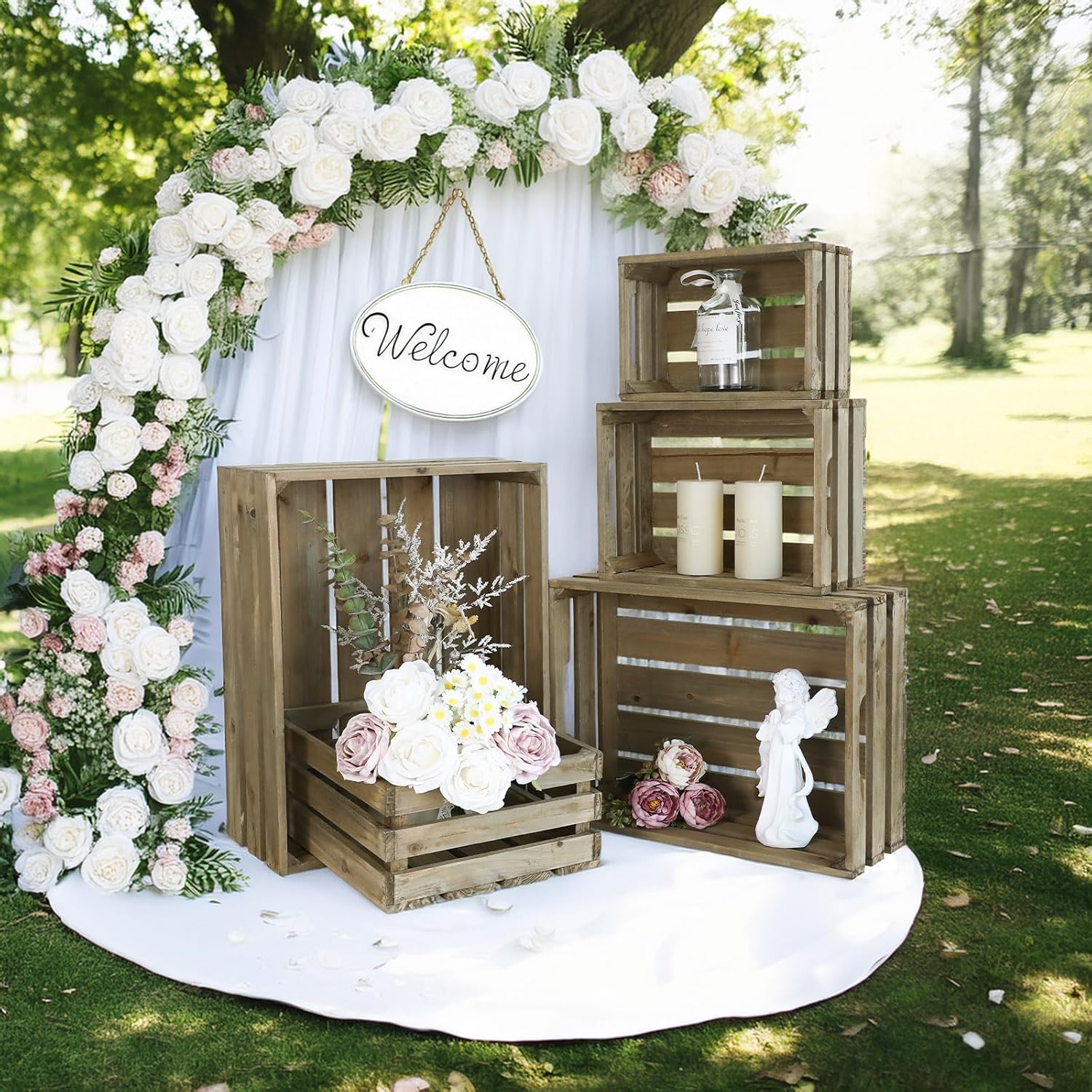 5-Piece Farmhouse Wooden Crate Set - Rustic Wooden Crates for Display and Storage, Large Grey Decorative Crates, Farmhouse Apple Crates, Painted Wood Crates for Decor-VerdiqueGarden