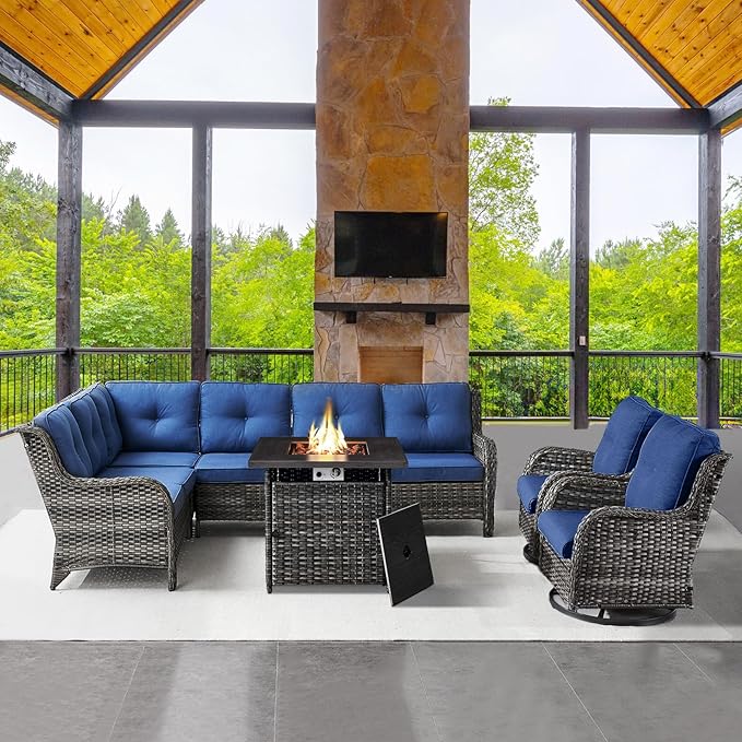 Outdoor Sectional Sofa Furniture Set with Propane Fire Pit Table, Wicker Patio Conversation Set with 2 Swivel Glider Rocker Chairs Blue Cushion Perfect for Backyard Casual Gathering-VerdiqueGarden