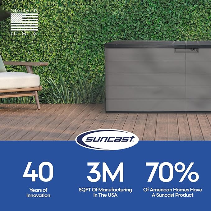 Suncast 120-Gal. All-Weather Patio Deck Box with Pad-Lockable Split Top Lid, Extra-Large Outdoor Storage Unit for Patio Furniture and Grill Tools, Made in the USA-VerdiqueGarden