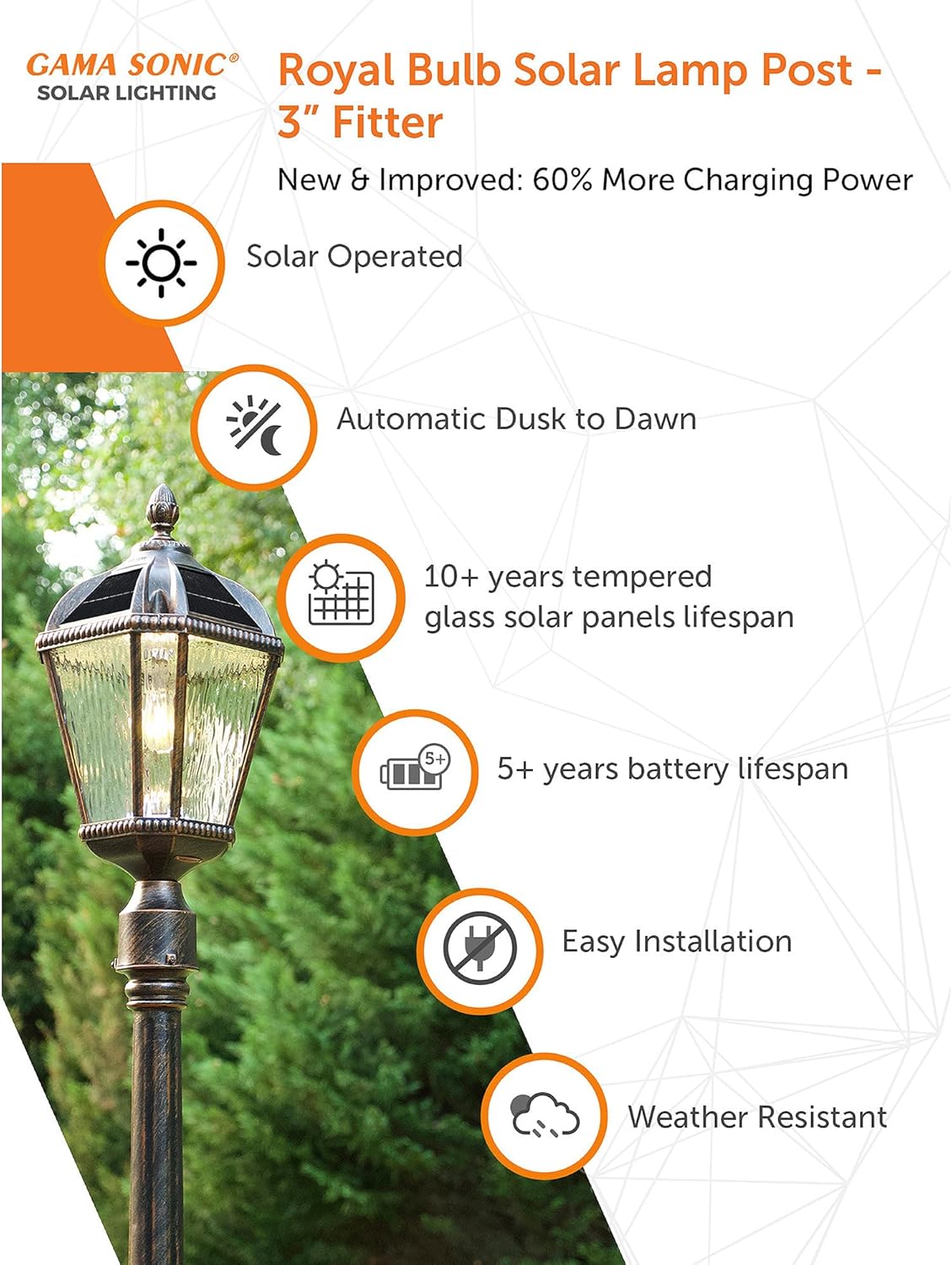 Gama Sonic Outdoor Solar Post Light, Brushed Bronze Finish Aluminum, Royal Bulb, Clear Rain Glass, 3-inch Fitter for Lamp Posts 98B112 (Upgraded Panel and Battery)-VerdiqueGarden