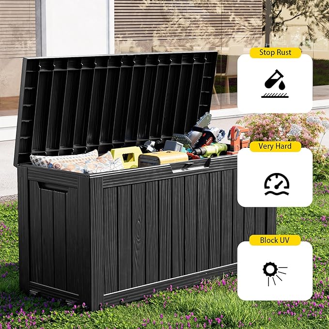 75 Gallon Waterproof Outdoor Storage Box,Resin Deck Box,Lockable Outside Storage Box Container for Patio Furniure,Garden,Pool Tools (75 Gallon,Black)-VerdiqueGarden