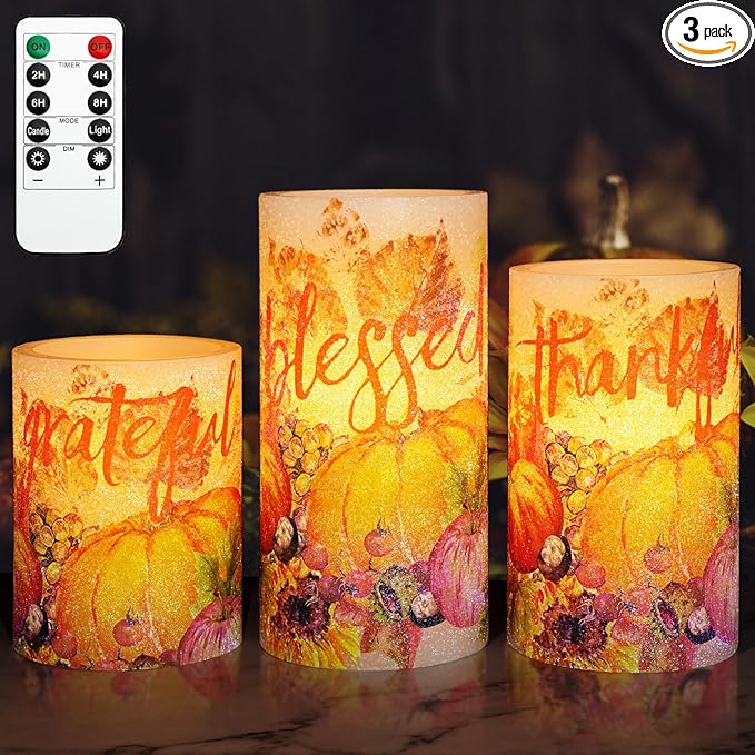 Thanksgiving Blessings LED Candles Pumpkin Glitter Desgin Real Wax Flickering Flameless Fall Harvest Battery Operated with Remote Timer 6H for House Warming Gifts New Home Table Tary Decor-VerdiqueGarden