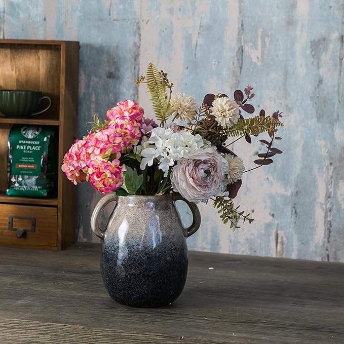 Brown Gradient Ceramic Vase with 2 Handles, Modern Farmhouse Decor, Rustic Terracotta Pottery, Decorative Flower Vases, Clay Small Vase, Centerpiece for Dining Table - 7 Inch Tall-VerdiqueGarden