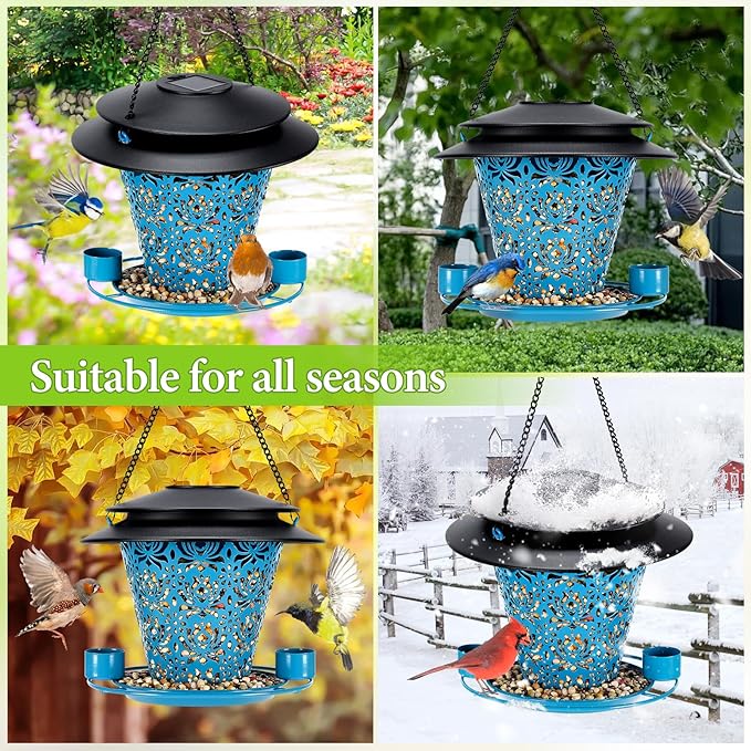 Solar Bird Feeders for Outside Hanging Metal Wild Bird Feeder Solar Lanterns Outdoor Waterproof Garden Decor for Yard Blue-VerdiqueGarden