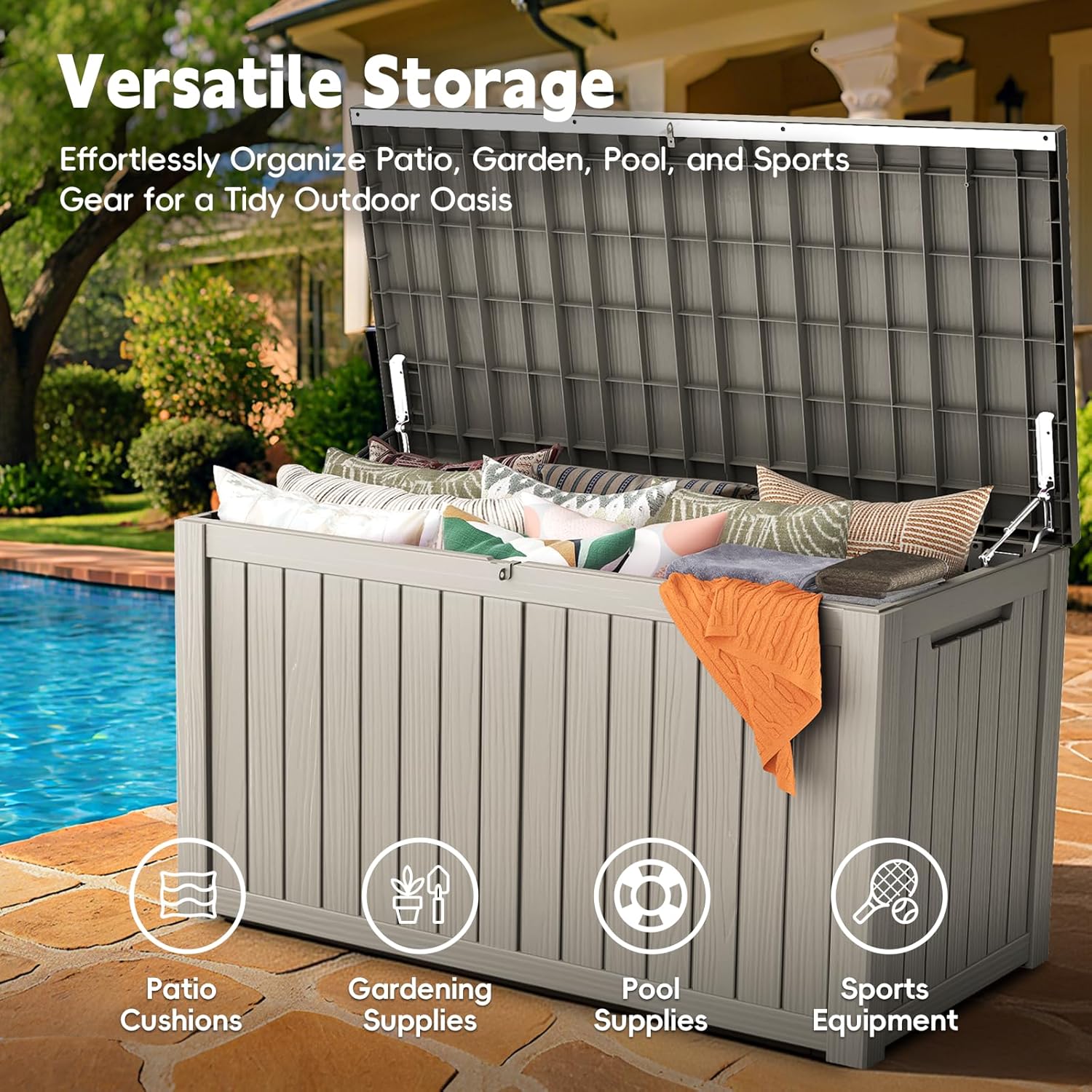Outdoor Storage Box, 180 Gallon Waterproof Resin Deck Box, Storage Bin for Package Delivery, Patio Furniture Cushion, Garden Tools, Pool Accessories, Weatherproof and UV Resistant, Grey-VerdiqueGarden
