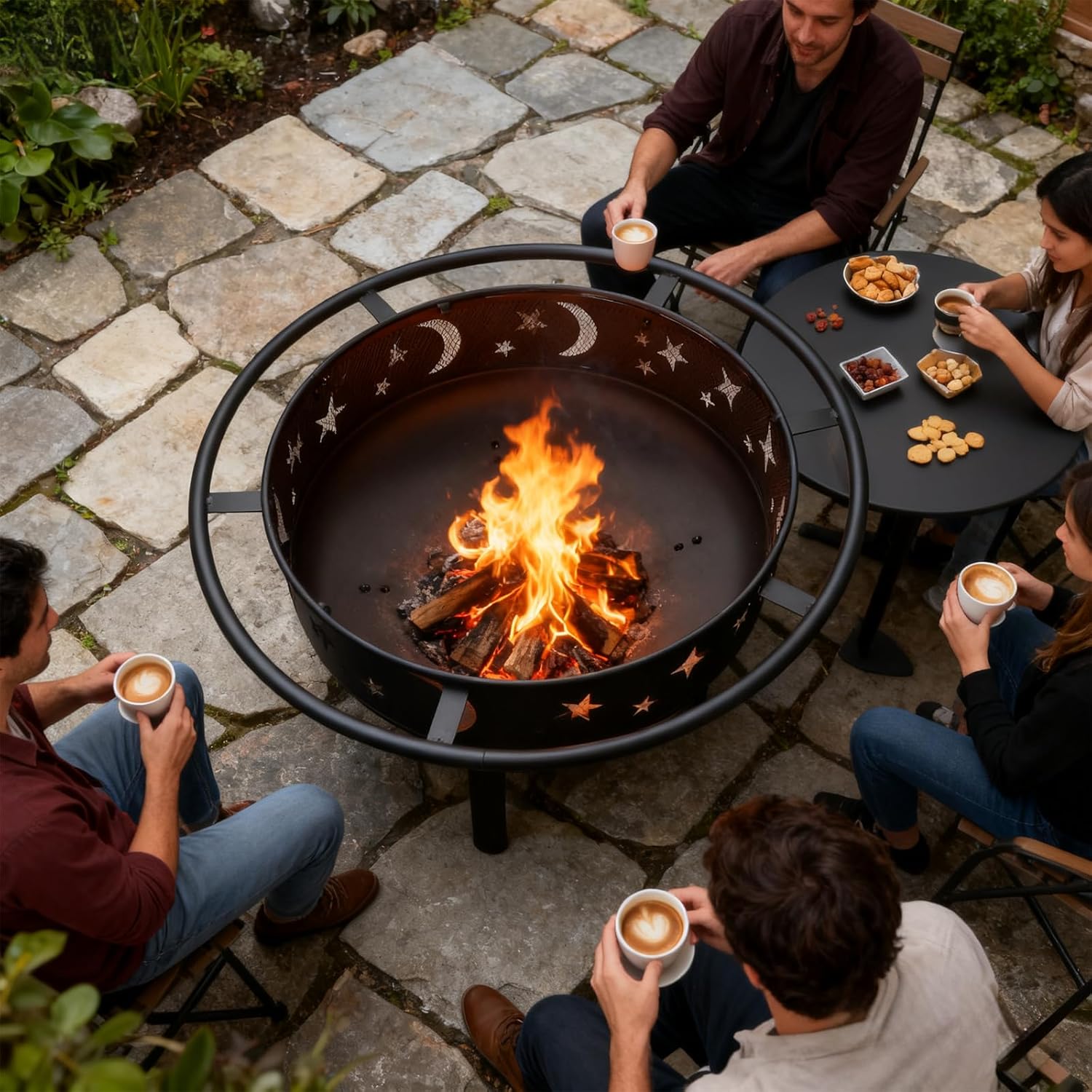 Grovelli 38" Round Wood Burning Fire Pit with Mesh Cover, Fire Poker, Star & Moon Cutouts, Metal Outdoor Firepit for Patio, Backyard, Garden, Bonfire, Camping, Christmas, Thanksgiving, Halloween-VerdiqueGarden