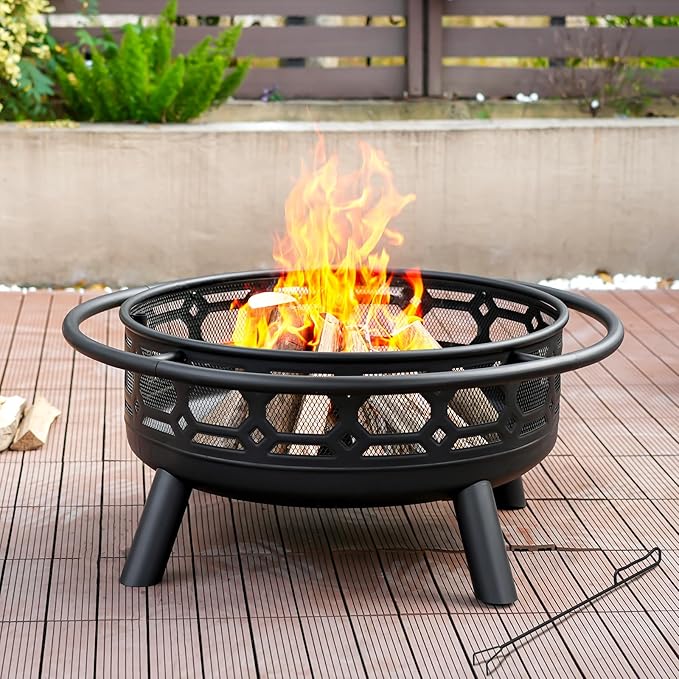 36 Inch Fire Pit, Outdoor Wood Burning Firepit with Removable Grill & Poker, Heavy Duty Metal Round Fireplace,2 in 1 Large Bonfire for Outside,BBQ,Yard,Patio-VerdiqueGarden