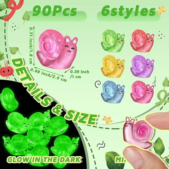 90 Pcs Luminous Resin Snail Miniatures Mini Animals Figures Cute Snail Figurine Fairy Decor Animal Ornament for Garden Landscape Home Accessories Craft Cake Decoration DIY-VerdiqueGarden