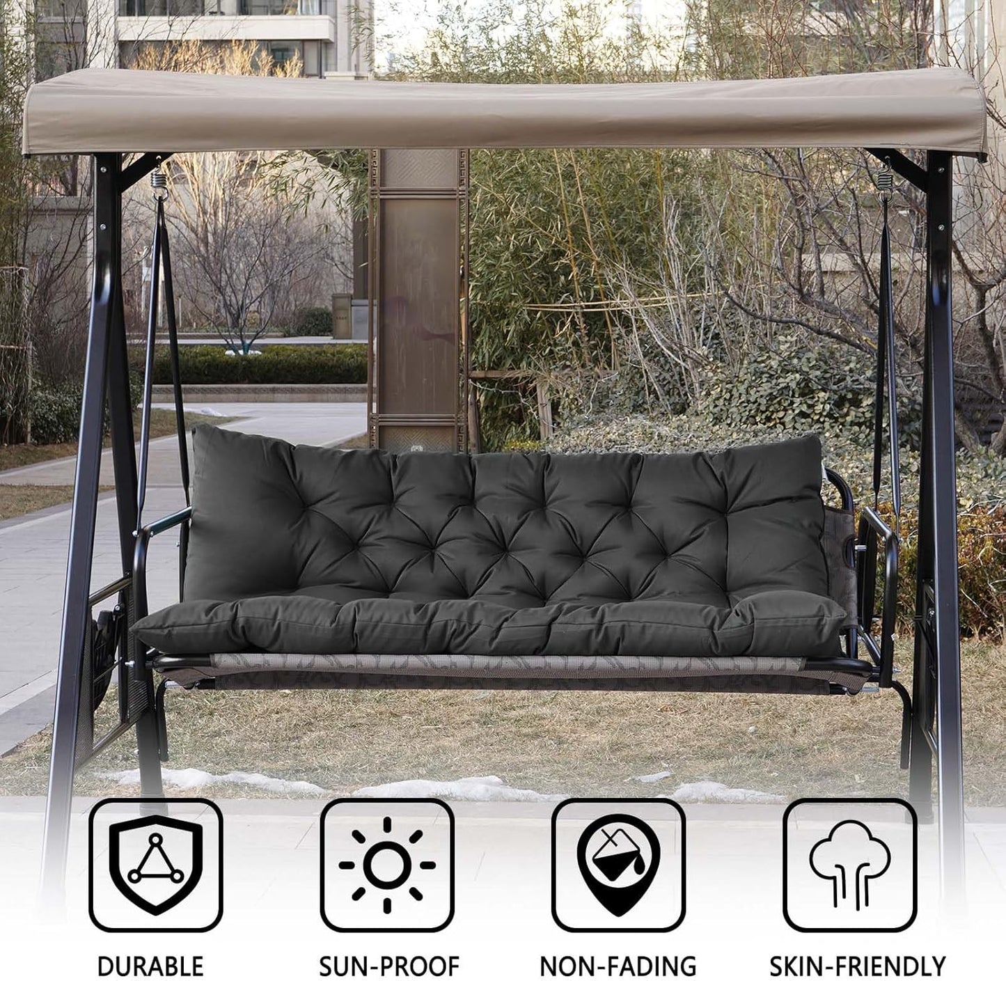 Porch Swing Cushions,Outdoor Cushions 3 Seater Replacement with Backrest, Waterproof Thickened Bench Cushion with Ties for Porch, Patio,Outdoor, Backyard and Garden(Dark Gray 60 * 40 in)-VerdiqueGarden