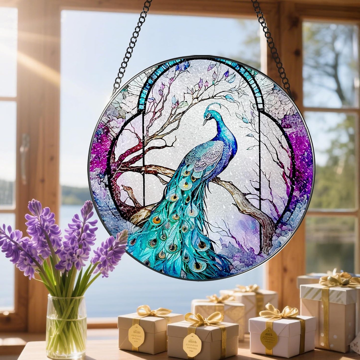Stained Glass Window Hanging, Stained Glass Suncatcher, Peacock Sun Catcher, Window Decor, Peacock Gift, Gifts for Mothers Day, Christmas or Birthday Gift, Gifts for Her Mom Grandmother Daughter-VerdiqueGarden