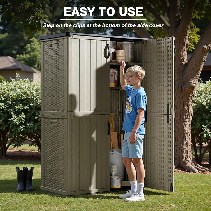 Greesum Outdoor Storage Shed Without Divider, 45 cu.ft Outdoor Waterproof Storage Cabinet for Garden Tools, Pool Storage, Garbage Cans, Beige-VerdiqueGarden