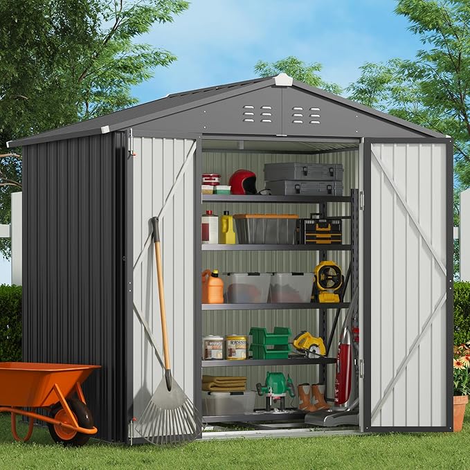 Gizoon Outdoor Storage Shed 8 x 6 FT, Galvanized Metal Garden Shed with Double Lockable Doors, Outdoor Storage Clearance for Backyard Patio Lawn-Dark Grey-VerdiqueGarden