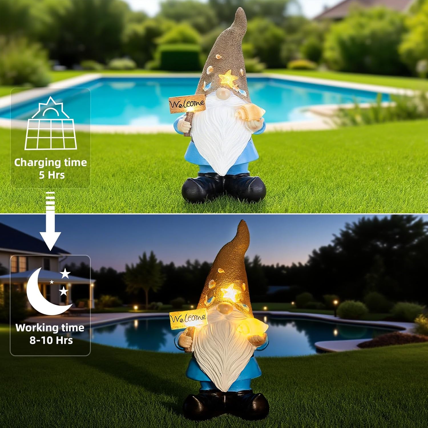 Solar Garden Gnomes Decor Outdoor Statue - Gnome Welcome Sign with LED Waterproof Sculptures Lights, Gnome Pond/Yard Statues Outside Decoration, Home, Lawn, Patio, Resin Ornament, Gardening Gift-VerdiqueGarden