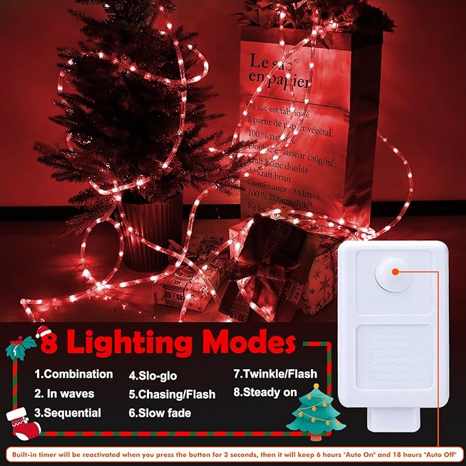 50ft LED Rope Lights Outdoor, 360 LED Connectable and Flexible Tube Lights with 8 Modes, Waterproof LED Rope Lighting for Garden, Patio, Pool, Bedroom, Party, Indoor Outdoor Christmas Decoration (Red)-VerdiqueGarden