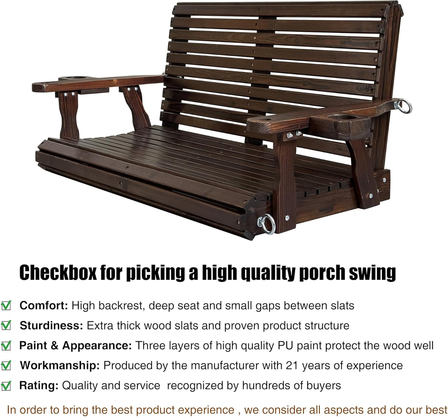 Wooden Porch Swing 2-Seater, High Backrest and Deep Seat, Bench Swing with Cupholders, Hanging Chains and 7mm Springs, Heavy Duty 880 LBS, for Outdoor Patio Garden (Deep Brown, 4 FT Extra Large)-VerdiqueGarden
