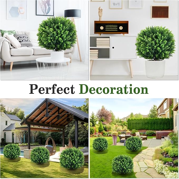 Artificial Topiary Tree with Eucalyptus, Set of 2 UV Resistant 17in Miniature Trees, Outdoor for Porch, Fake Bonsai Topiaries, Greenery Balls, Faux Shrubs for Planters, Curb Appeal Decor-VerdiqueGarden