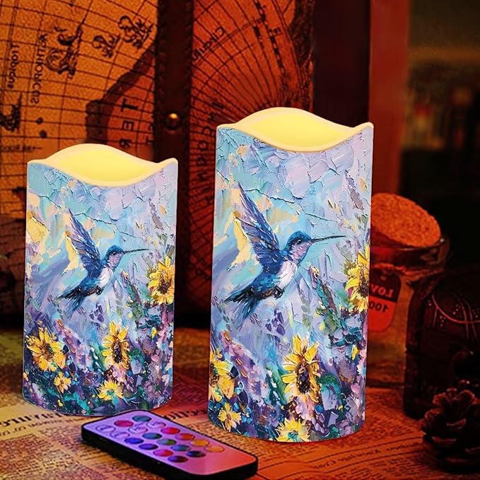 Ystardream Flameless LED Battery Candles Pack of 4 Waterproof Pillar Candles Tealights with 18-Key Timer Remote Colorful Lights for Outdoor Home Decoration Oil Painting Hummingbird-VerdiqueGarden