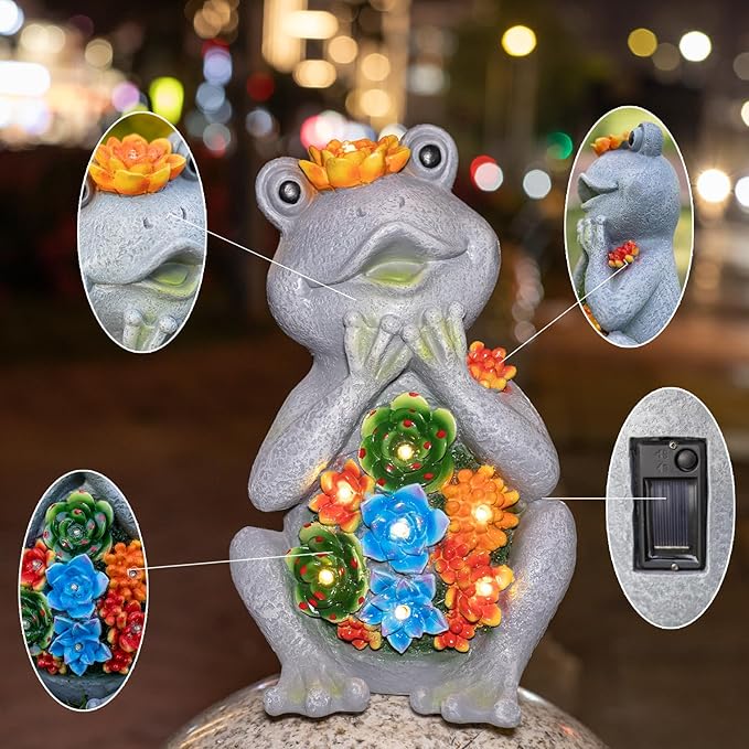 Frog Solar Figurine Light Statue Outdoor Gardening Gifts Decoration Garden Frogs Yard Decor Lamp With 8 Led Lights And Succulent Waterproof Patio Lawn Decor Housewarming Frog Gifts For Women-VerdiqueGarden