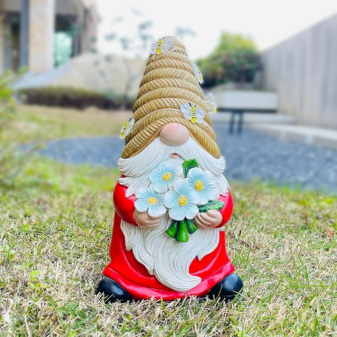 Outdoor Garden Gnomes Statue, Bee Flower Gnome Sculpture, with Solar LED Lights for Yard, Patio, Lawn Ornaments for Garden, Patio Gnome Gifts for Mom-VerdiqueGarden