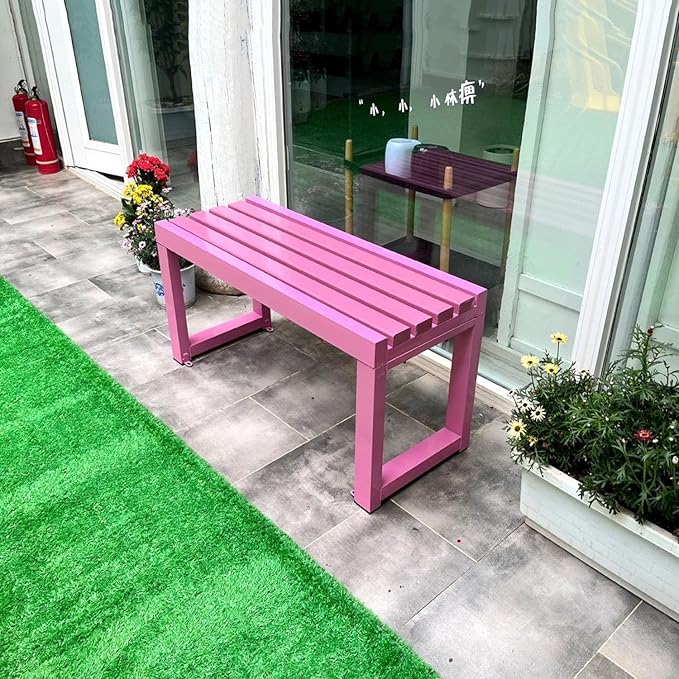 Weatherproof Metal Dining Bench, Outdoor Bench Backless Patio Bench 2-Person Farmhouse Bench Garden Bench for Kitchen, Living Room, Entryway(Pink,40in)-VerdiqueGarden